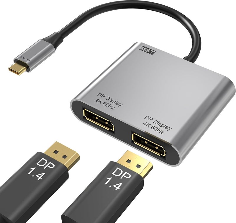 Anehmeta محول USB C إلى Dual DisplayPort، موزع Display Port بدقة 4K@60Hz لشاشتين، محول Type C إلى DP لشاشتين متوافقة مع Dell XPS 13 15، Lenovo Yoga، Sumsung Chromebook، HP وغيرها - Image 1
